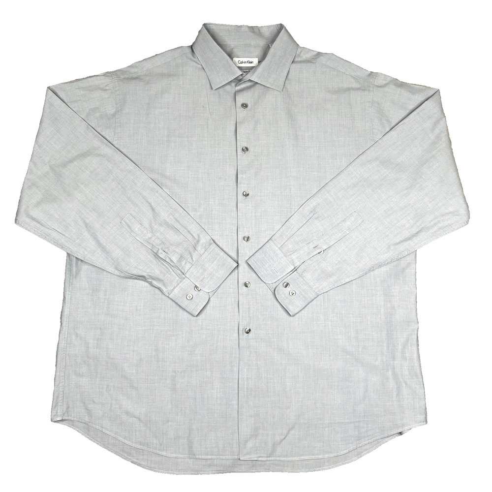Calvin Klein Men's Gray Long Sleeve Button Down Shirt Sz 18 / 34-35 Regular Fit